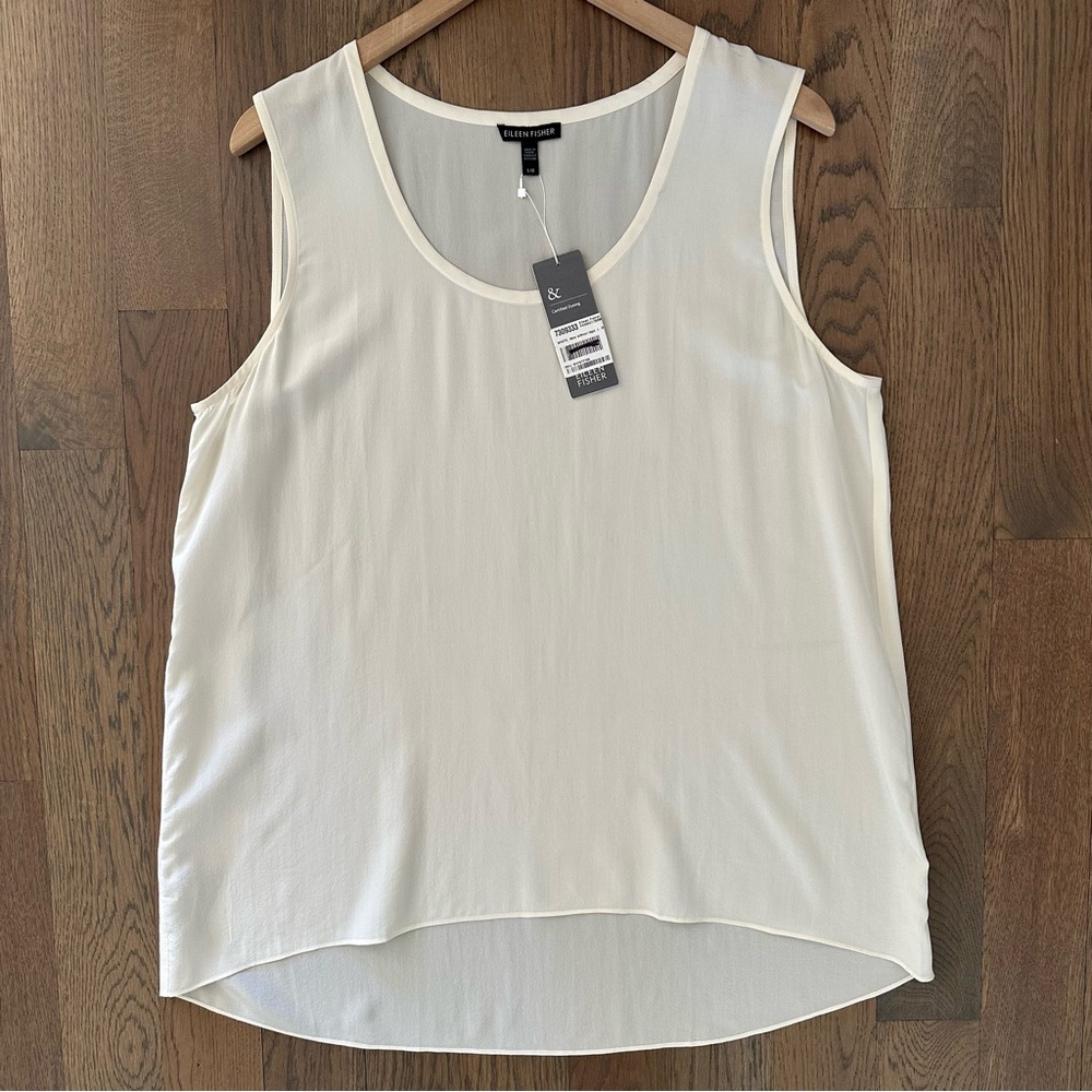 NWT Eileen Fisher Scoop Neck Silk Georgette Long Tank in Soft White Large